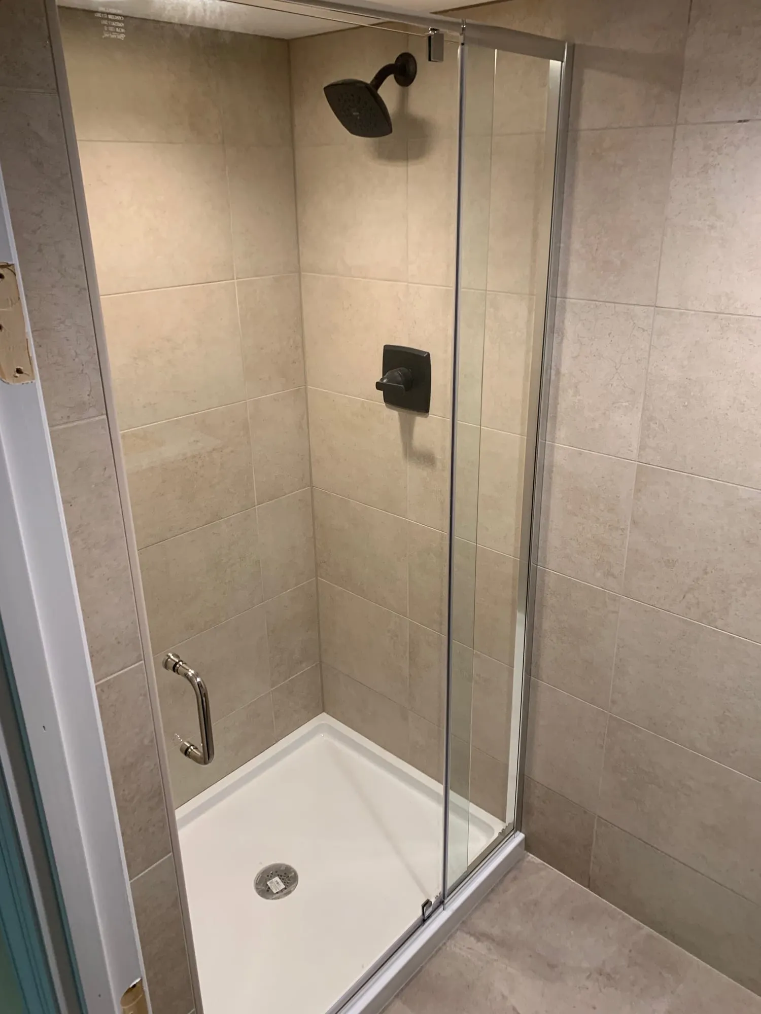Glass shower enclosure in the finished basement bathroom