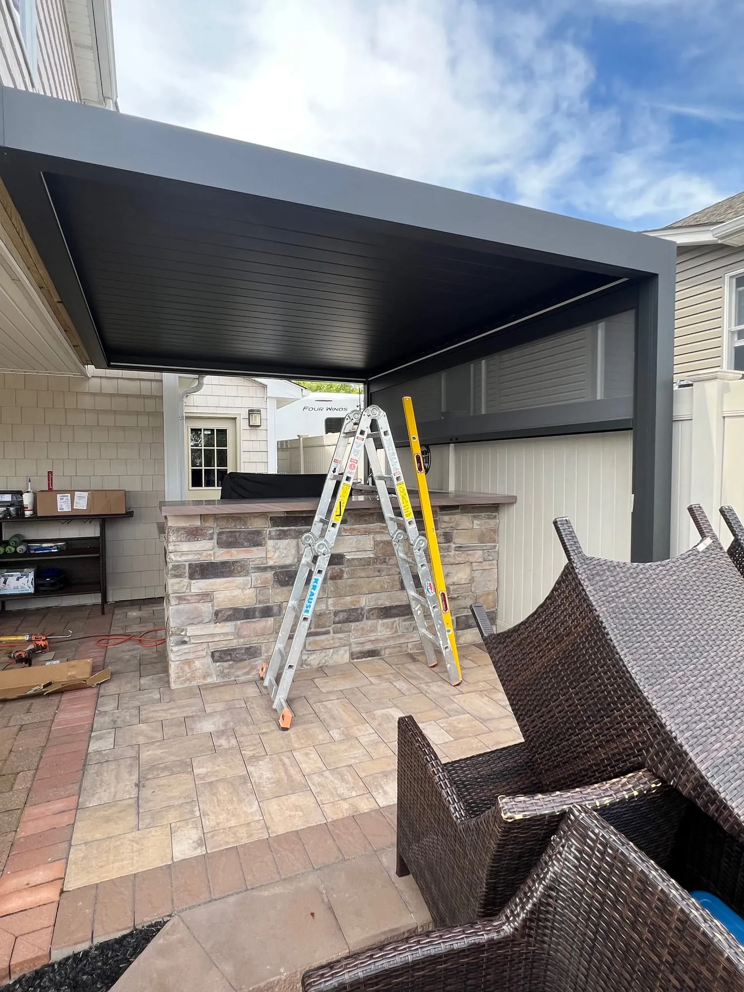 Pergola and patio during installation